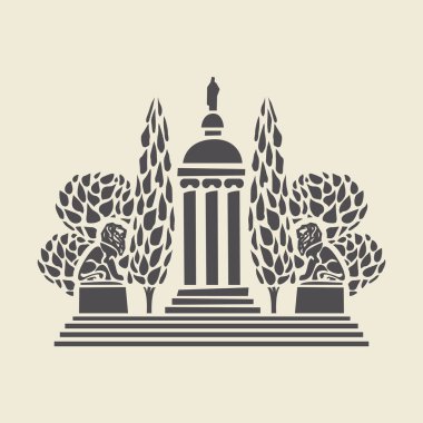 Sütunları, basamakları, ağaçları ve aslan heykelleri olan biçimlendirilmiş bir parkın simgesi. Dekoratif vektör çizimi düz bir arkaplanda izole edildi