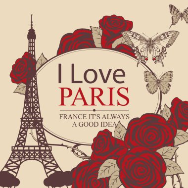 Ünlü Eyfel Kulesi 'nin olduğu Fransız kartpostalı ya da pankartı, eski bir kağıtta kırmızı güller ve kelebekler. Paris 'i sevdiğim kelimelerle geçmişe dönük illüstrasyon