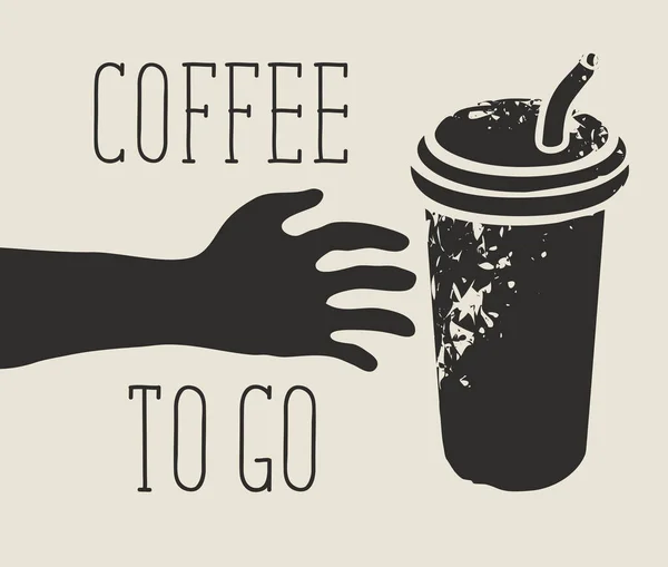 碑文コーヒーとコーヒーショップのテーマに創造的なバナーを移動します 使い捨てコーヒーカップを奪うために手に達する人間の手でベクトルグラフィックイラスト — ストックベクタ