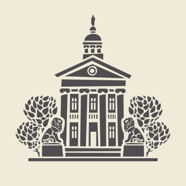 Sütunları, ağaçları ve iki aslan heykeli olan, stilize edilmiş eski iki katlı bir binanın simgesi ya da şablonu. Düz bir arkaplanda izole edilmiş, dekoratif vektör çizimi