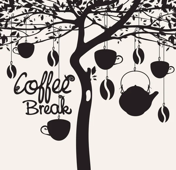 Üzerinde Fincanlar Çaydanlıklar Kahve Çekirdekleri Kahve Molası Olan Bir Ağaç — Stok Vektör