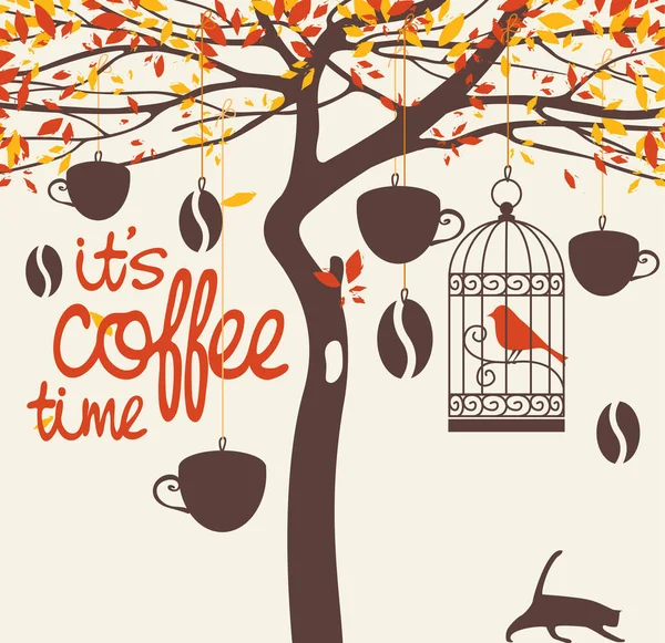 秋天树上挂着一只猫的咖啡店的横幅 上面挂着杯子 咖啡豆和一只鸟笼 装饰矢量图上的题词是咖啡时间 — 图库矢量图片
