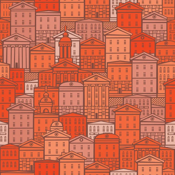 Patrón Decorativo Sin Costuras Con Edificios Antiguos Colores Rojo Naranja — Vector de stock