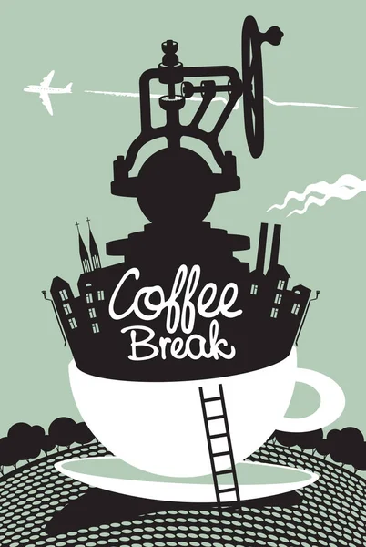 Banner Criativo Com Moedor Café Edifícios Antigos Uma Xícara Branca —  Vetores de Stock