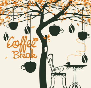 Üzerinde kahve fincanı ve kahve çekirdeği asılan ağacın altında bir masa ve sandalye resmi olan bir kahve dükkanı afişi. Üzerinde kahve molası yazılı sokak kafesinin dekoratif vektör çizimi