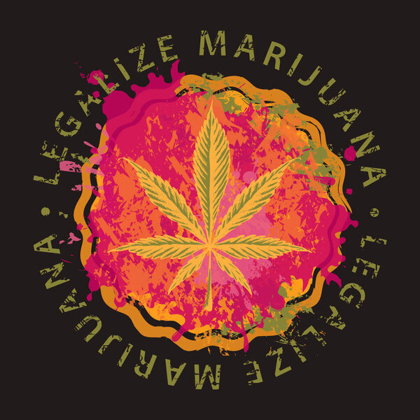 Hand-drawn cannabis leaf on a bright abstract pizza. Vector illustration on the topic of legalize marijuana. Hallucinogenic pizza with hemp. Drug use of cannabis. Smoking weed