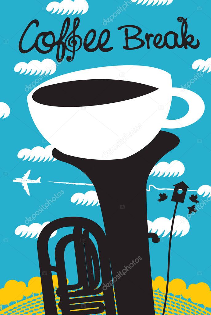 Creative banner with a white cup of coffee in a black tuba or trumpet on the background of blue sky and flying plane. Vector illustration for a music cafe with handwritten inscription Coffee break