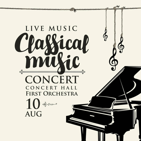Poster for a live classical music concert. Vector flyer, invitation, ticket or advertising banner with a grand piano in retro style