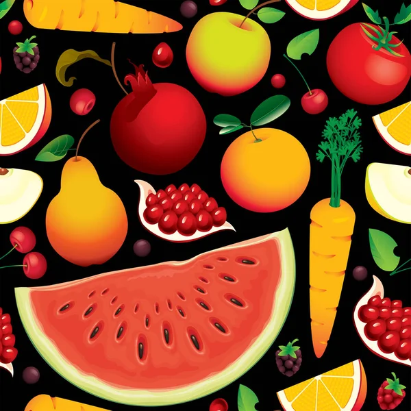 Seamless Pattern Various Whole Sliced Fruits Berries Vegetables Black Backdrop — Stock Vector