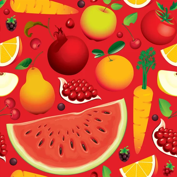 様々な全体とスライスされた果物 赤い背景の野菜とシームレスなパターン 夏のベクトルの背景とジューシーな果物 壁紙に適し 包装紙 デザイン — ストックベクタ