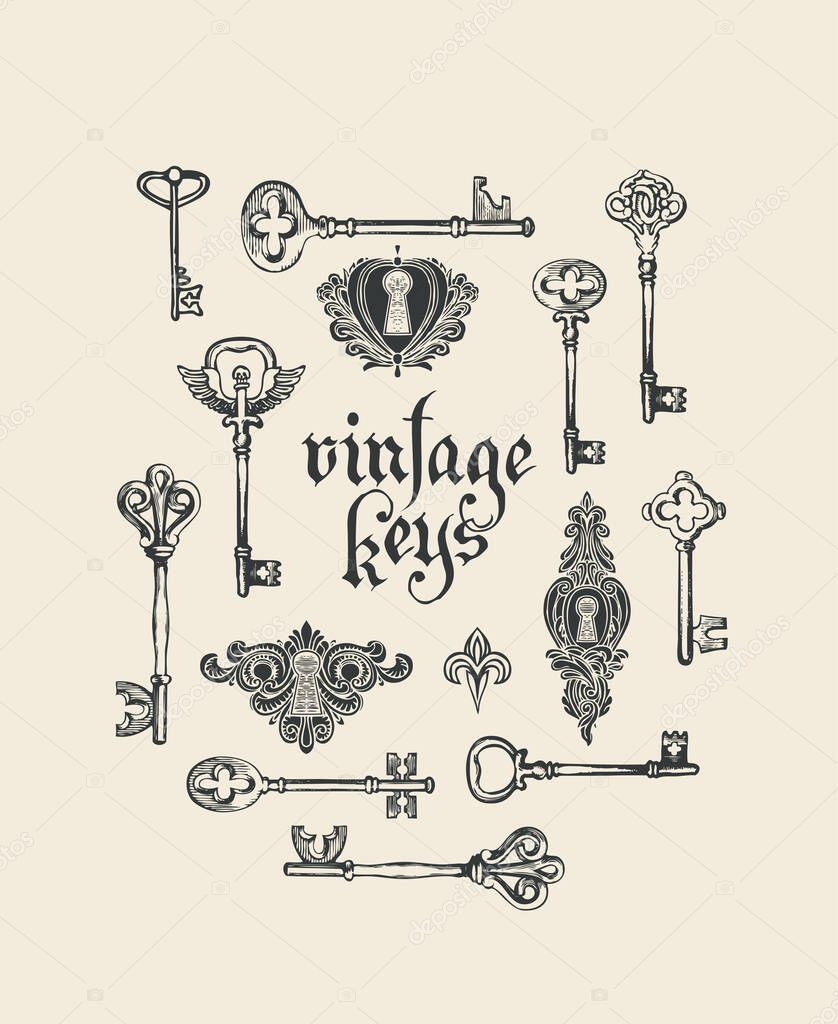Banner with black hand-drawn keys, keyholes and the inscription in retro style. Gothic font. Vintage vector illustration