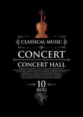 Klasik müzik konseri için klasik tarzda bir poster. Vector afişi, el ilanı, davetiye veya keman ile bilet ve siyah arkaplan üzerine metin için yer