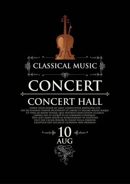古典风格古典音乐音乐会的海报 矢量横幅 邀请函或带有小提琴的罚单 并将文字放在黑色背景上 — 图库矢量图片