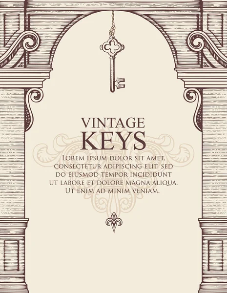 Banner Vintage Κλειδί Κλειδαρότρυπα Μεσαιωνική Αψίδα Και Θέση Για Κείμενο — Διανυσματικό Αρχείο