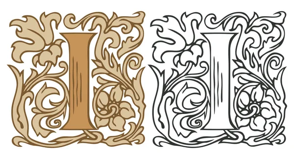 初期の手紙私はヴィンテージバロック装飾で ベクトル大文字のIはベージュと黒白の2色です モノグラム エンブレム カード 招待状のために使用する美しいフィギュアの首都の手紙 — ストックベクタ