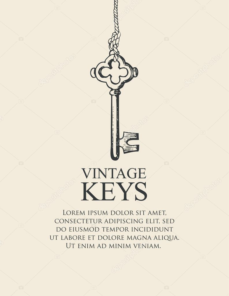 Banner with a vintage key and place for text on a light background. Vector illustration in retro style with a hand-drawn old key hanging on a string