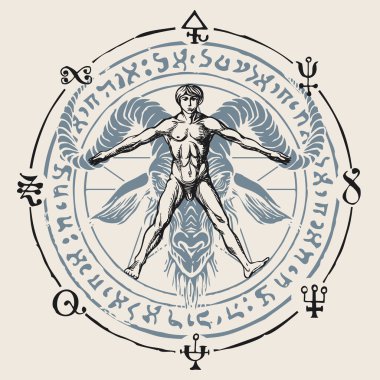 Leonardo Da Vinci 'nin Vitruvius' lu adam gibi bir insan figürünü boynuzlu keçi kafası ve büyücülük işaretlerinin arka planında canlandırmak. Elle çizilmiş pankarttaki sihirli işaretler eski usul bir daire şeklinde yazılmış.