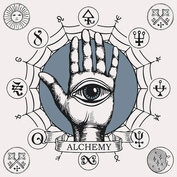 第三の目のシンボルでヤシを開きます 人間の手で錬金術のテーマにベクトル手描きのバナー すべての目を見て ウェブ レトロなスタイルで円で書かれた密教と魔法の兆候 — ストックベクタ