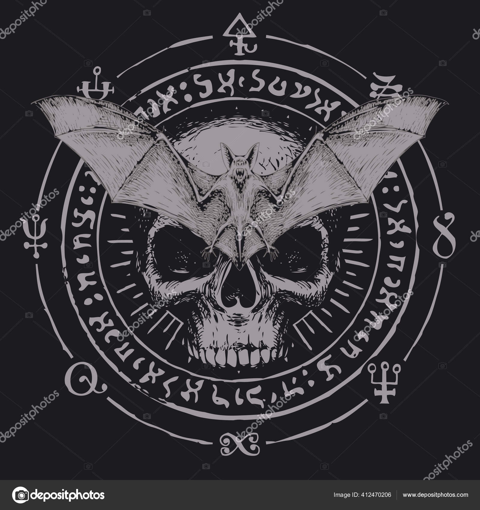 손으로 무서운 박쥐는 날개가 마법의 상징이 배경에 사람의 두개골이 있습니다 스톡 벡터 - ©paseven 412470206, image size:1600x1700