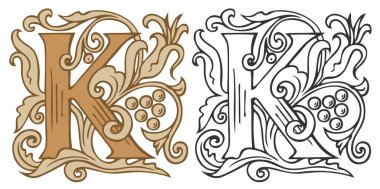 Klasik Barok dekorasyonlu K harfi. İki vektör büyük harf K bej ve siyah-beyaz. Monogram, logo, amblem, kart, davetiye için kullanılacak güzel filigran büyük harfi