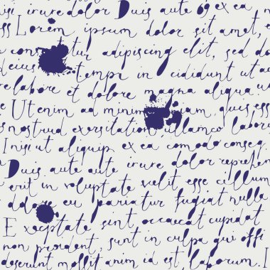 Eski kağıt zemin üzerinde el yazısıyla yazılmış metin ve mürekkep damlaları olan vektör pürüzsüz desen. Lorem Ipsum. Duvar kağıdı, ambalaj kağıdı, kumaş veya tekstil için uygun