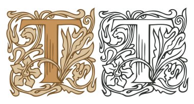 Klasik Barok dekorasyonlu T harfi. İki vektör büyük harf T, bej ve siyah-beyaz renkli. Monogram, logo, amblem, kart, davetiye için kullanılacak güzel filigran büyük harfi