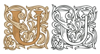 Klasik Barok dekorasyonlu ilk harf U. Bej ve siyah-beyaz renkli U vektör büyük harfi. Monogram, logo, amblem, kart, davetiye için kullanılacak güzel filigran büyük harfi