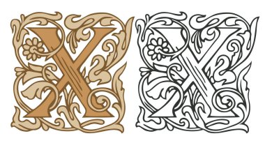 Klasik Barok dekorasyonlu X harfi. İki vektör büyük harf X, bej ve siyah-beyaz renkte. Monogram, logo, amblem, kart, davetiye için kullanılacak güzel filigran büyük harfi