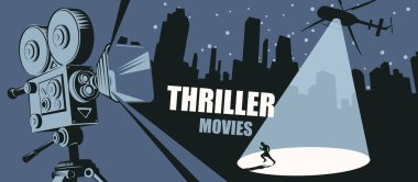 Gerilim filmleri için sinema posteri. Eski bir film projektörü, el ilanı ya da bileti ve büyük bir şehirde gece vakti kaçan birini hedef alan bir ışık hüzmesi olan bir helikopter..