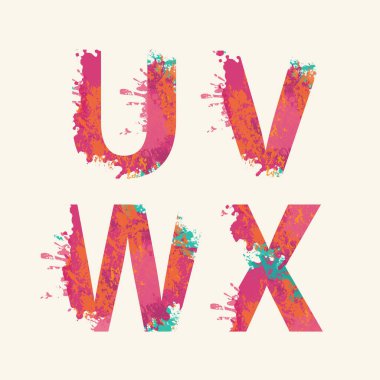 Alfabe, renkli mürekkep lekeli U V W X harfleri, soyut renk lekeleri, renkli boya spreyi. Hafif arkaplanda izole edilmiş vektör suluboya yazı tipi