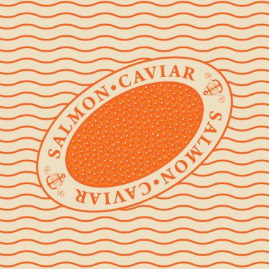 Oval çerçevede kırmızı somon havyarı etiketi retro tarzında dalgaların arka planında. Deniz ürünleri menüsü, reklam afişi, ambalaj kağıdı için vektör tasarımı ögesi.