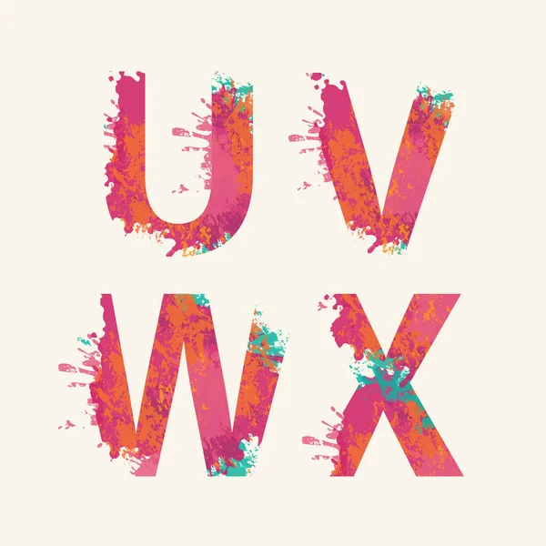 Alfabe, renkli mürekkep lekeli U V W X harfleri, soyut renk lekeleri, renkli boya spreyi. Hafif arkaplanda izole edilmiş vektör suluboya yazı tipi