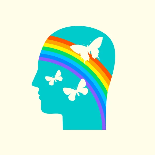 Niebieska Ludzka Głowa Profilu Tęczą Motylami Jako Koncepcja Pozytywnego Myślenia — Wektor stockowy