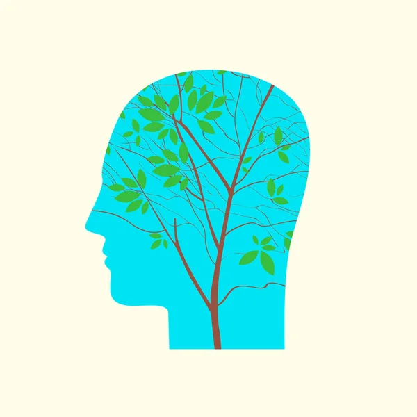 肯定的な思考や環境保護の概念として 内側に若いスレンダーな木の枝とプロファイルで青の人間の頭 装飾ベクトルイラスト アイコン アバター バナー — ストックベクタ