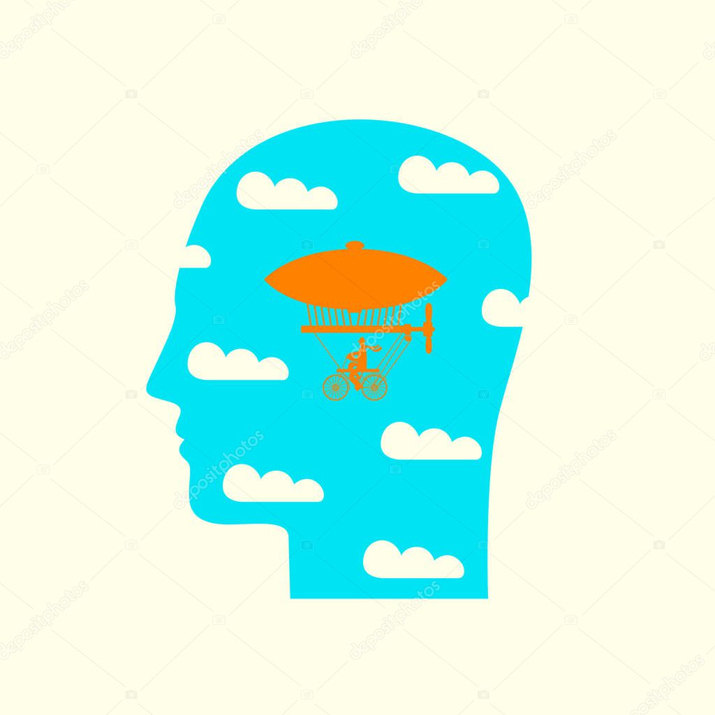 Silhouette of human head in profile with white clouds and orange airship on the background of blue sky. Decorative vector illustration, icon, avatar, logo, banner