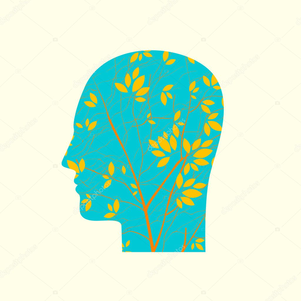 Blue human head in profile with branches of young tree as a concept for positive thinking or environmental protection. Decorative vector illustration, icon, avatar or logo