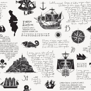 El yazısı Latince metni Lorem ipsum ve elle çizilmiş adalar, yelkenliler, rüzgar gülü. Deniz yolculuğu, macera ve klasik tarzda keşif temasının vektör arkaplanı