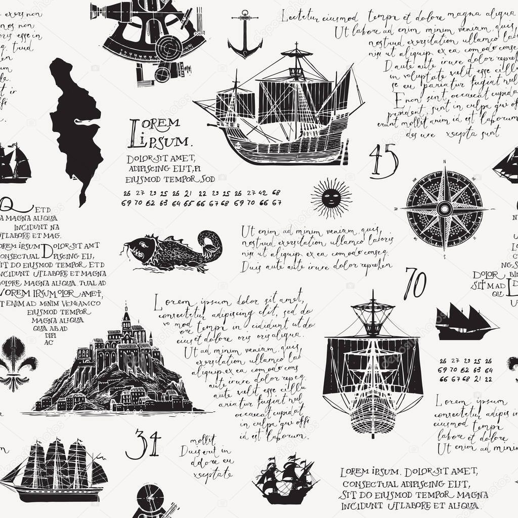 Seamless pattern with handwritten latin text Lorem ipsum and hand-drawn Islands, sailboats, wind rose. Vector background on the theme of sea travel, adventure and discovery in vintage style
