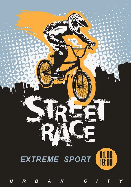 海报上有一个骑自行车跳自行车的人和城市背景的文字街道竞赛 街头自行车比赛 自行车俱乐部 现代极限运动的矢量旗帜或传单 — 图库矢量图片