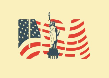 Amerikan bayrağının renklerinde hafif arkaplanda Özgürlük Anıtı olan ABD harfleri. Vektör pankartı, poster, broşür, tişört tasarımı, tebrik kartı veya tasarım ögesi