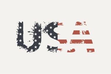 Amerikan bayrağı renginde hafif arka planda grunge tarzında Amerikan harfleri. Vektör simgesi, amblem, logo, tişört baskısı, poster, afiş, kartpostal, el ilanı, tasarım ögesi için uygun