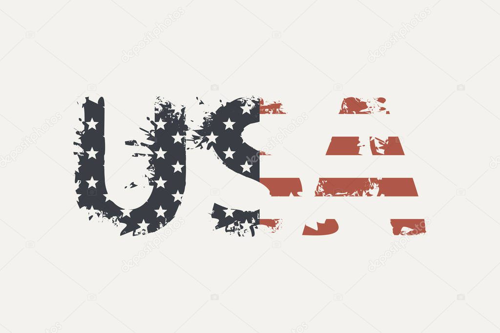 USA letters in the colors of the American flag in grunge style on a light background. Vector icon, emblem, logo, suitable for t-shirt print, poster, banner, postcard, flyer, design element