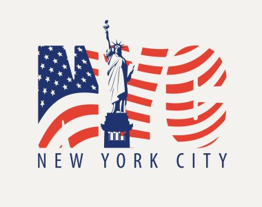Amerikan bayrağının renklerinde açık arkaplanda Özgürlük Anıtı olan NYC harfleri. Vektör posteri, afiş, broşür, tişört tasarımı, tebrik kartı veya tasarım ögesi
