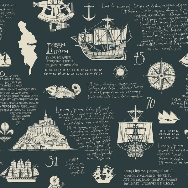 手書きのラテン語のテキストとシームレスなパターンロレムIpsumと手描きの島 セーリング船 コンパス ダークベクトルの背景にあるテーマの海の旅と冒険でヴィンテージスタイル — ストックベクタ