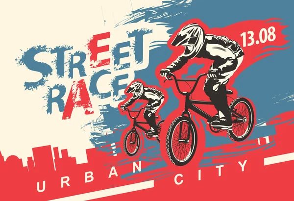 矢量横幅或传单与骑自行车和文字街道竞赛 极端运动的城市背景 街头自行车比赛 自行车俱乐部 现代极限运动海报 — 图库矢量图片