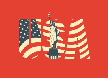 Kırmızı zemin üzerinde Özgürlük Anıtı olan Amerikan bayrağı renklerinde ABD harfleri. Vektör pankartı, poster, broşür, tişört tasarımı, tebrik kartı veya tasarım ögesi düz stil
