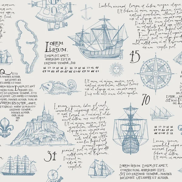 手書きの島 風が上昇し ヴィンテージスタイルで手書きのラテン語のテキストロレムIpsumと古い原稿 発見をテーマにしたベクトルシームレスなパターン — ストックベクタ