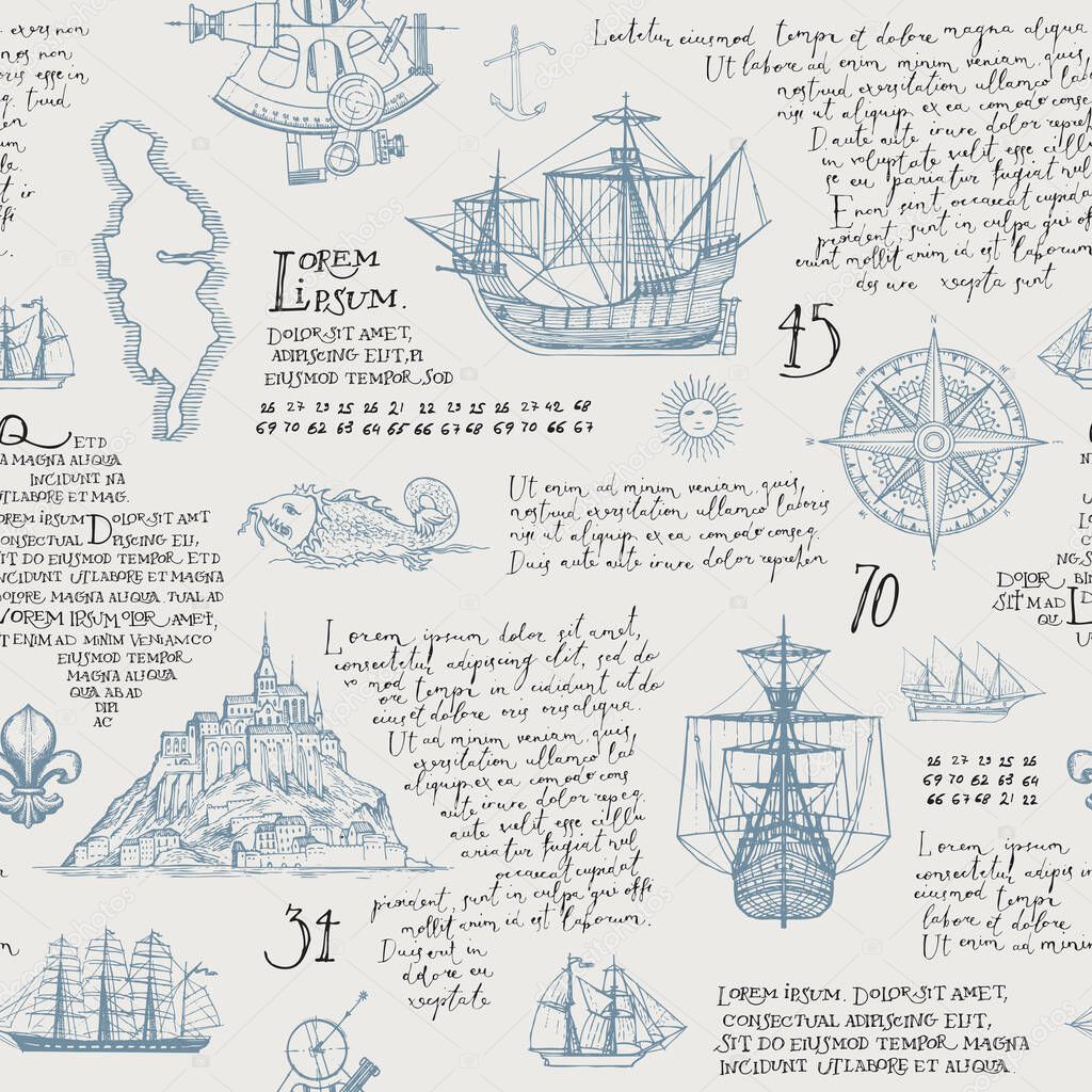 Old manuscript with hand-drawn Islands, sailboats, wind rose and handwritten latin text Lorem ipsum in vintage style. Vector seamless pattern on the theme of travel, adventure and discovery