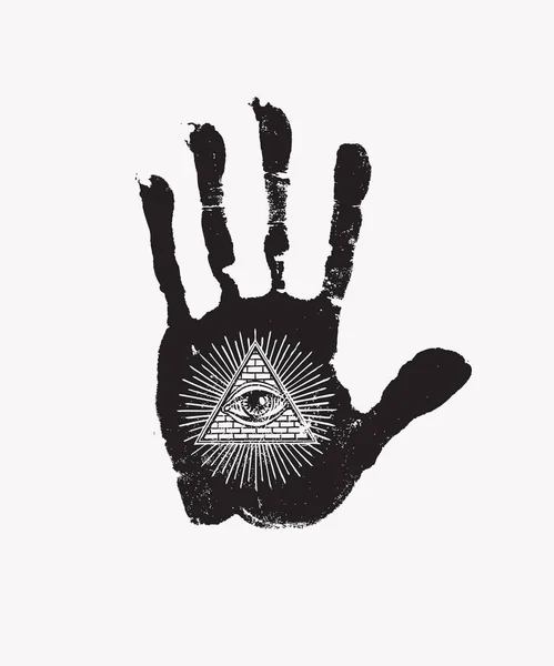 黑色的人手印 白色背景上有所有看得见的眼睛符号 以隐身术或炼金术为主题的矢量手绘横幅 第三只眼睛放在张开的手掌上 — 图库矢量图片
