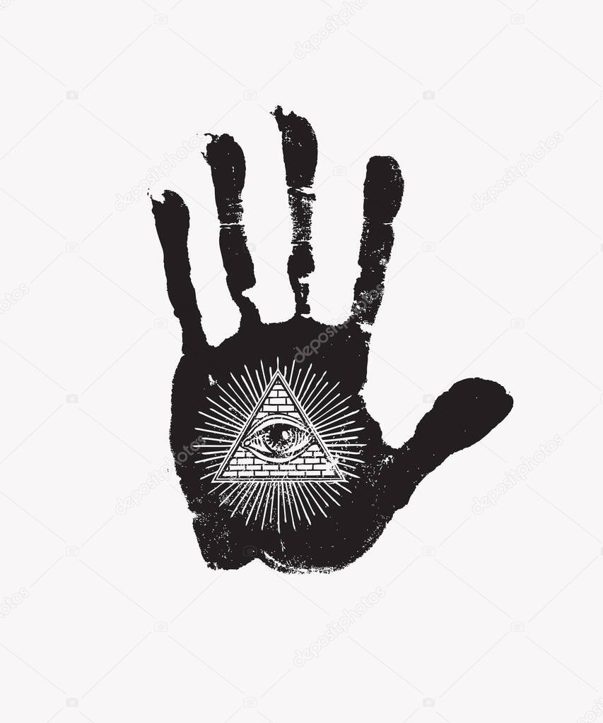 Black print of a human hand with all seeing eye symbol on a white background. Vector hand-drawn banner on the theme of occultism or alchemy with the third eye on the open palm